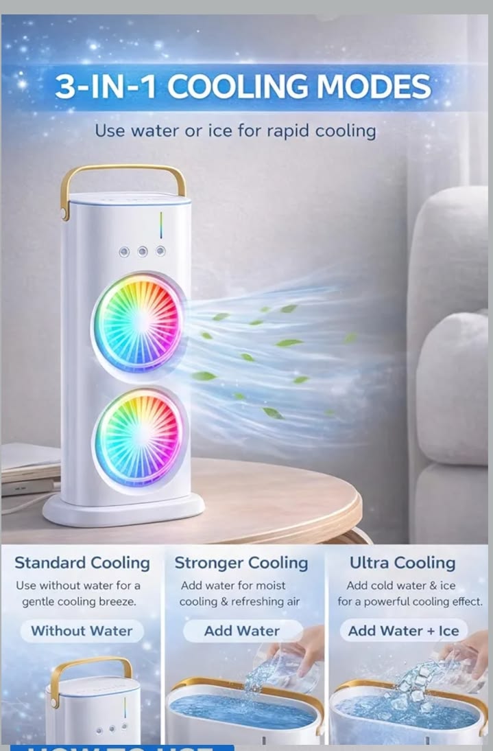❄️ Dual Turbo Cooling Fan – Portable Double-Blade Air Cooler with LED & Remote Control
